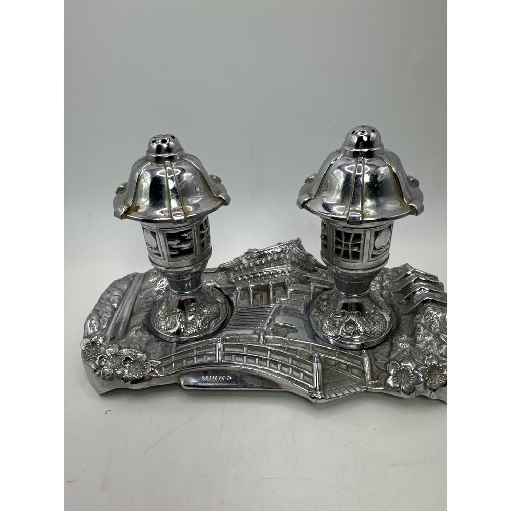 Vintage Nikko Japan Pagoda Lantern Salt and Pepper Shaker Set with Ornate Base